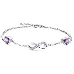 Qings Sterling Silber Infinity Armband Damen Unendlichkeit Liebes Herz Armbänder mit Lila Amethyst Zirkonia Kristallen Verstellbar Armkette Muttertag Weihnachten Geschenk für Mama Mädchen Frauen von Qings