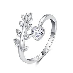 Qings Sterling Silber Verstellbarer Ring Damen Blatt Herz Geburtsstein Zirkonia Solitaire Birthstone Ring April Weiß für Frauen Mädchen von Qings