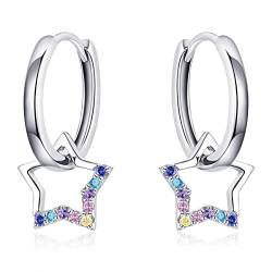 Qings Stern Creolen für Damenund Mädchen, 925 Sterling Silber Huggie Ohrringe Bunte Zirkonia Stern Ohrringe Zierliche hypoallergene kleine Dangle Sleeper Hoops für Mädchen Frauen Geburtstag von Qings