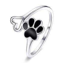 Qings Verstellbare Hunde Katzenpfoten Ringe Silber,Süße Pfote und Herz Offene Ringe für Frauen und Mädchen,Liebesherz Stapel Ring 925er Sterling Silber für Tier Liebhaber von Qings