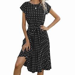 Sommerkleid Damen Lang Faltenrock Retro Chiffonkleid A Linie Kleid Damen Elegant Hohe Taille Maxikleider Polka Dots Tunikakleid Strandkleid Partykleid Freizeitkleid Kleider mit Gürtel (L, Schwarz) von Qingta