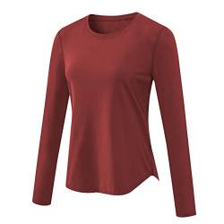 Damen Sportshirt Langarm Laufshirt Schnelltrocknend Wandershirt Damen Atmungsaktiv Yoga Shirt Rundhals Rot M von Qinuan
