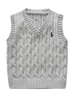 Kinder V-Ausschnitt Strickweste Jungen Mädchen Ärmellos Pullover Gestrickte Pullunder Oberteile Strickpullover Weste Grau 80 von Qinuan