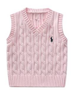 Kinder V-Ausschnitt Strickweste Jungen Mädchen Ärmellos Pullover Gestrickte Pullunder Oberteile Strickpullover Weste Pink 110 von Qinuan