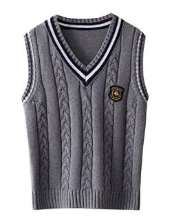 Strickweste Kinder Jungen V-Ausschnitt Pullover Pullunder Ärmellos Sweatshirt Baumwolle Tops für Jungen Mädchen Grau 110 von Qinuan