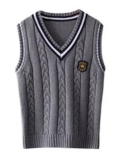 Strickweste Kinder Jungen V-Ausschnitt Pullover Pullunder Ärmellos Sweatshirt Baumwolle Tops für Jungen Mädchen Grau 160 von Qinuan