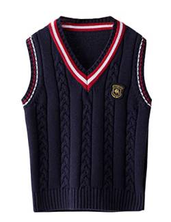 Strickweste Kinder Jungen V-Ausschnitt Pullover Pullunder Ärmellos Sweatshirt Baumwolle Tops für Jungen Mädchen Marine 160 von Qinuan