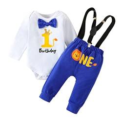 Qiraoxy Baby Jungen Erster Geburtstag Outfit Baumwolle Fliege Strampler Hosen Hosenträger 3tlg Set Kuchen Zerschlagen Outfits Foto Requisiten Party Kleidung von Qiraoxy