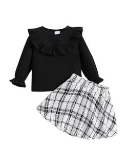 Qiraoxy Baby Mädchen Kleidung Rüschen Langärmeliges Gerippt Top Kariert A-Linie Mini Rock Set 2Pcs Kleinkind Mädchen Mode Kleidung Outfits Set 1-6 Jahre von Qiraoxy
