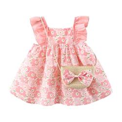 Qiraoxy Baby Mädchen Sommerkleid Kleinkind Blumen Ärmellos Swing Sommerkleid Prinzessin Kleid mit Sonnenstrohhut, Pinke Tasche mit Blumenmuster, 86, 12-18 Monate von Qiraoxy