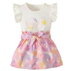 Qiraoxy Baby Mädchen Sommerkleidung Set 2Pcs Kurzarm Rüschen Tops Schmetterling Drucken Rock Outfits Kleinkind Mädchen Bekleidungsset für 1-5 Jahre von Qiraoxy