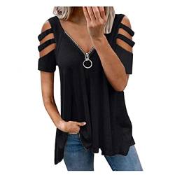 Frauen Zip V-Hemden Von Schulter Tops Bluse Fließes Sommerhemd Kurzarm T-Shirt von Qiribati