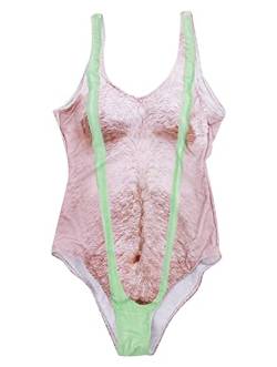 Qiribati Damen Badeanzug Mit 3D Fälschung Brusthaar Drucken Lustige Damenanzüge Bademode Swimsuit von Qiribati