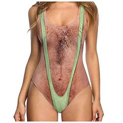 Qiribati Damen Badeanzug Mit 3D Fälschung Brusthaar Drucken Lustige Damenanzüge Bademode Swimsuit von Qiribati