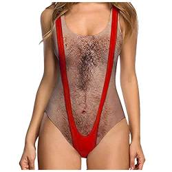 Qiribati Damen Badeanzug Mit 3D Fälschung Brusthaar Drucken Lustige Damenanzüge Bademode Swimsuit von Qiribati