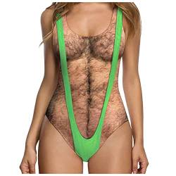 Qiribati Damen Badeanzug Mit 3D Fälschung Brusthaar Drucken Lustige Damenanzüge Bademode Swimsuit von Qiribati