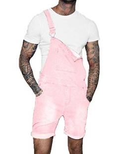 QitunC Kurze Latzhosen Für Herren Zerrissene Jeans Overalls Sommer Arbeitshose Jumpsuit Shorts Pink XXL von QitunC