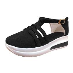 Qixiu Mode Damensandalen Cnormal Keilband solide Schuhe Schnalle Träger Frauen Plattform Sandalen für Frauen Damenschuhe 43 Sandalen (Black, 42) von Qixiu