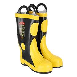 Qkiss Rubber Fire Fighting Sicherheitsstiefel Hochtemperaturbeständige wasserdichte Schuhe Feuerwehrschutz, Erhältlich in den Größen Schwarz mit gelbem Streifen.(42) von Qkiss