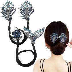 Walschwanz Strass Blume Haarspange, faule Haar Lockenwickler Deft Bun Maker, Ozeanblaue Feder Haarnadel, französische elegante Twist Dutt Frisur Shaper für Frauen Mädchen (2 Stück) von Qklovni