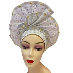 Luxuriöser nigerianischer Aso Oke Kopfband, bereits hergestellt, afrikanischer Kopfschmuck, Damen-Stirnbänder, Kopfband, Turban-Kappe, Auto-Gele-Kopfbänder, Kopfbedeckung, Nähstoff für Party (weiß) von QliHut