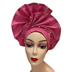 Luxuriöser nigerianischer Aso Oke Kopfband, bereits hergestellt, afrikanischer Kopfschmuck, Damen-Stirnbänder, Kopfband, Turban-Kappe, Auto-Gele-Kopfbänder, Kopfbedeckung, Nähstoff für Party (Rosa) von QliHut