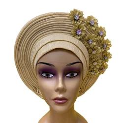 QliHut Mode Nigerianische Gele Headties Mit Steinen Frauen Kopf Wrap Perlen Spitze Bereits Made Auto Afrikanische Headtie Für Party (Beige) von QliHut