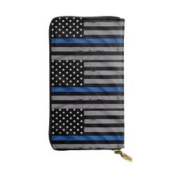 QmeNa Lange Clutch-Geldbörse mit amerikanischer Flagge und blauer Linie, Leder, mit Reißverschluss, für Dating, Reisen, Einkaufen, Valentinstagsgeschenk, Schwarz , Einheitsgröße von QmeNa