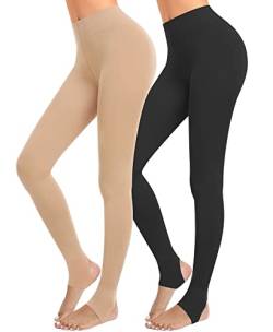 QooNoo Blickdichte Strumpfhose für Frauen Kontrolle Top Strumpfhose Gefälschte Durchscheinende Strumpfhose mit hoher Taille Nude Hautton Schwarz, Steigbügel - Schwarz + Nude, X-Small von QooNoo
