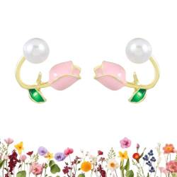 Qosneoun Versatile Tulip Flower Earrings, Tulip Flower Versatile Earrings, Women's Tulip Flower Pearl Exquisite Zircon Geometric Shape Earrings for Women Girls (Pink) von Qosneoun