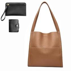 Solid Color Simple Genuine Leather Shoulder Bag,2023 Custom Leather Shoulder Bag,Large Capacity Tote Handbags, Shoulder Bag (Khaki) von Qosneoun