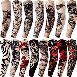 Qpout 15Pcs Arm Tattoos Ärmel für Männer Frauen, Unisex Stamm Totem Schädel Blumen Cool Tattoos Ärmel Outdoor Radfahren Basketball Sonnenschutz Nylon Elastische Tattoos Ärmel von Qpout