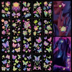 Qpout 20 Blätter leuchten in der UV Neon temporäre Tätowierungen Schmetterlingsblumen Fluoreszenz UV-Blitz gefälschte Tattoo-Aufkleber für Frauen Mädchen Gesicht Körperkunst Rave Festival von Qpout
