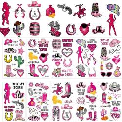 Qpout 20Blatt Cowgirl Temporäre Tattoos für Kinder/Frauen, 160 rosafarbene Geburtstagsparty-Tattoos, Disco-Cowgirl-Tattoos, Let's Go Girls Party Western Rodeo Party Dekoration von Qpout