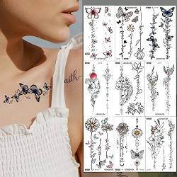 Qpout 30 Blatt Schwarz Realistische Temporäre Tattoos für Frauen Mädchen 95 + Große Größe Vintage Sonne Mond Rosen Schmetterling Feder Designs Körper Kunst Tattoo Aufkleber für Hals Arm Hände von Qpout