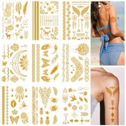 Qpout 9 Blatt Flash Gold Temporäre Tattoos Metallic Goldene glitzer tattoo, tattoos zum aufkleben Wasserfest Haut Klebetattoos party zubehör erwachsene von Qpout