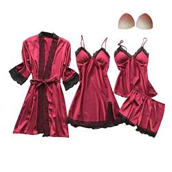 QraraZL Damen 4 Stücke Satin Schlafanzug Set Spitze Kimono Robe Pyjama Set Negligee und Shorts Nachthemd 4-teiliges Set, Mit Brustpolster Rot S von QraraZL