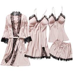 QraraZL Damen 4 Stücke Satin Schlafanzug Set Spitze Kimono Robe Pyjama Set Sexy Negligee und Shorts Nachthemd 4-teiliges Set, Mit Brustpolster Champagner M von QraraZL