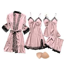 QraraZL Damen 4 Stücke Satin Schlafanzug Set Spitze Kimono Robe Pyjama Set Sexy Negligee und Shorts Nachthemd 4-teiliges Set, Mit Brustpolster Rosa XL von QraraZL