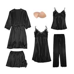 QraraZL Damen 5 Stücke Satin Schlafanzug Set, Spitze Kimono Robe Pyjama Set, Negligee Shorts und Lange Hosen Nachthemd 5-teiliges Set, Mit Brustpolster Schwarz m von QraraZL