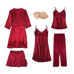 QraraZL Damen 5 Stücke Satin Schlafanzug Set, Spitze Kimono Robe Pyjama Set, Sexy Negligee Shorts und Lange Hosen Nachthemd 5-teiliges Set, Mit Brustpolster Rot S von QraraZL