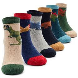 Qterdiz Jungen Wollsocken Kinder Warme Wintersocken Dicke Socken Thermosocken 6 Paar Dino 23-26/3-5 Jahre von Qterdiz