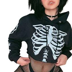 Qtinghua Damen Halloween Goth Skelett Hoodie Crop Top Gothic Punk Bandage Casual Pullover Langarm Relaxed Fit Sweatshirts, Schwarz , 36 von Qtinghua