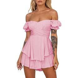 Qtinghua Damen Laterne Rüschen Strampler Schulterfrei Puffärmel Flowy Lyaner Strampler Kleid gesmokter kurzer Jumpsuit Playsuits, D# Pink Kurzarm Strampler, 36 von Qtinghua