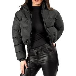 Qtinghua Damen Winter Cropped Puffer Jacke Patch Crop Stehkragen Gesteppte Puffer Jacken Outwear Leichter Mantel, Schwarz , 36 von Qtinghua