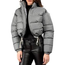 Qtinghua Damen Winter Cropped Puffer Jacke Patch Crop Stehkragen Gesteppte Puffer Jacken Outwear Leichter Mantel, Silbergrau, 38 von Qtinghua