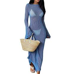 Qtinghua Frauen Y2K Langarm Häkeln Gestrickt Maxi Kleid Aushöhlen Vertuschen Bodycon Strand Sehen Durch Maxi Lange Kleider, C# Blau, Medium von Qtinghua