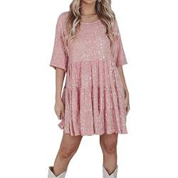 Qtinghua Glitzerndes Pailletten-Minikleid für Frauen, kurzärmelig, Babydoll-Pailletten-T-Shirt-Kleid, gestuftes Tunika-Kleid, Konzert-Partykleid, rose, X-Large von Qtinghua