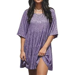 Qtinghua Glitzerndes Pailletten-Minikleid für Frauen, kurzärmelig, Babydoll-Pailletten-T-Shirt-Kleid, gestuftes Tunika-Kleid, Konzert-Partykleid, violett, L von Qtinghua