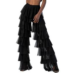 Qtinghua Louatui Frauen Tüll Rüschen Hosen Einfarbig Chiffon Puffy Mehrschichtige Hosen Hohe Taille Breites Bein Lange Hosen Streetwear, A# Schwarz, M von Qtinghua